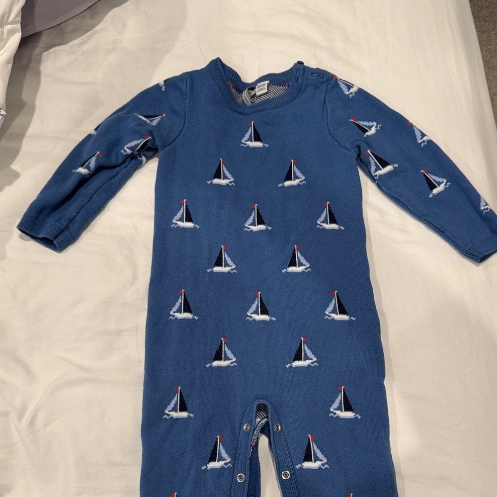Janie and Jack Nautical Blue Sailboat One piece with snaps. Sweater material